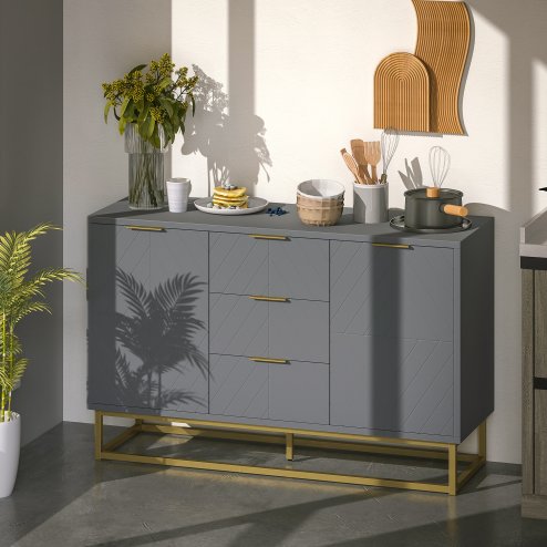 HOMCOM Sideboard for Living Room, Modern Storage Cabinet with 3 Drawers and Adjustable Shelves, Freestanding Cupboard for Dining Room, Kitchen, Grey