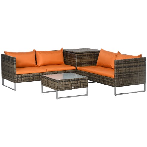 Outsunny 4 Seater Rattan Corner Sofa Set, Wicker Rattan Garden Furniture Set with Loveseats, Tables, Cushions for Outdoor, Patio, Orange