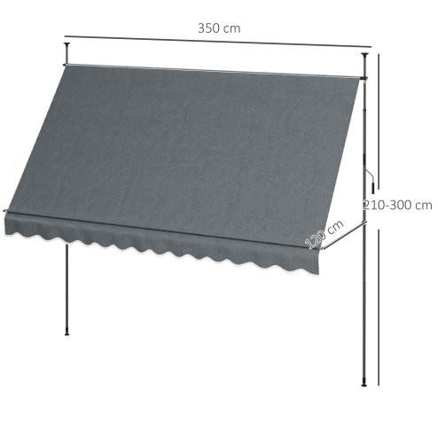 Outsunny 3.5 x 1.2m Free Standing Retractable Awning, Non-Screw Patio Sun Shade Shelter with Support Pole Stand and UV Resistant Fabric, for Window, Door, Porch, Deck, Dark Grey