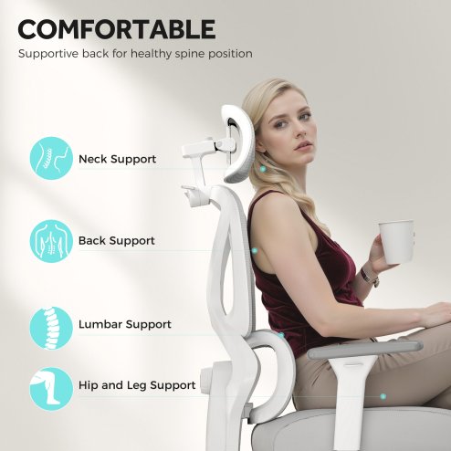 HOMCOM Ergonomic Office Chair, Mesh Desk Chair with 3D Armrests, Rotatable Headrest, Adjustable Lumbar Support, Coat Hanger, Footrest for Home Office, Grey