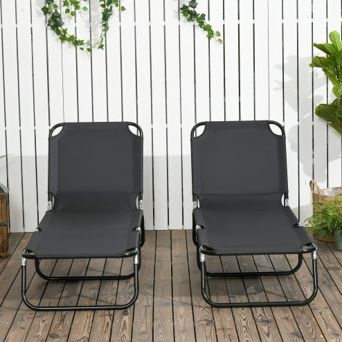 Outsunny Folding Sun Loungers Set of 2, Outdoor Day Bed with 5-Position Adjustable Backrest, Portable Recliner Garden Chairs with Breathable Mesh for Beach, Patio, Black