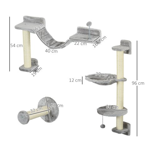 PawHut 4Pcs Wall Mounted Cat Shelves, with Hammock, Perches, Ladder, Scratching Post, Cat Wall Furniture for Large Cats, Grey