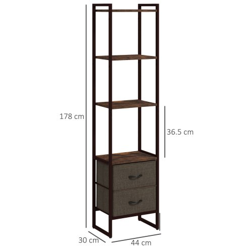 HOMCOM Industrial Bookshelf, Slim Storage Shelf with 2 Fabric Drawers and 4-tier Shelving Unit, Narrow Display Rack for Living Room, Home Office, Rustic Brown