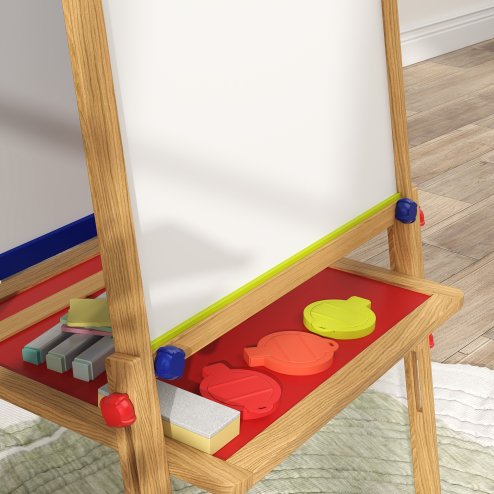 AIYAPLAY Kids Easel, 3 in 1 Art Easel Double Sided Height Adjustable with Paper Roll, Whiteboard, Chalkboard, Painting Accessories, Natural Wood Finish