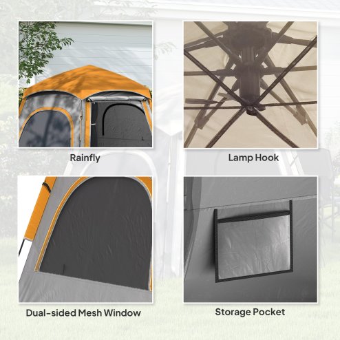 Outsunny Instant Pop Up Camping Tent, 2/3/4 Person Easy Setup Dome Family Tent with Vestibule, Rainfly, 4 Mesh Windows & 2 Doors, Hexagonal Design, Waterproof & UV Protected, Light Grey