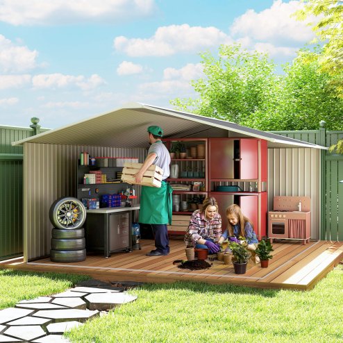 Outsunny 13 x 11ft Metal Garden Shed, Outdoor Storage Tool House with Ventilation Slots, Foundation Kit and Lockable Double Doors