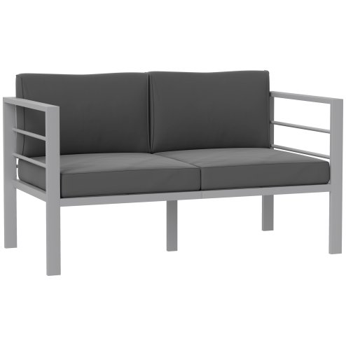 Outsunny 2 Seater Garden Sofa, All-Weather Garden Loveseat with Removable Cushions, Metal Frame Outdoor Furniture for Balcony, Charcoal Grey