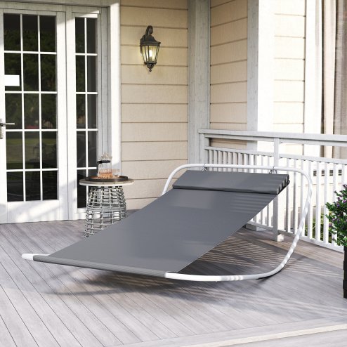 Outsunny Rocking Sun Lounger, Single Garden Lounger Sunbed with Headrest Pillows, Texteline Outdoor Rocking Chair Swing Hammock Daybed with Metal Frame for Patio, Terrace, 212 x 132 x 66 cm, Grey
