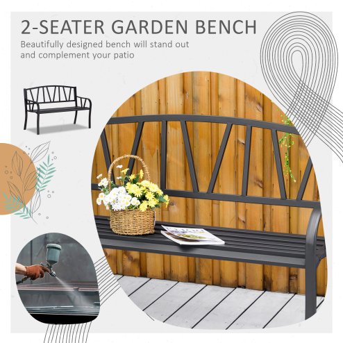 Outsunny 2-Seater Garden Bench Solid Metal Loveseat Outdoor Furniture for Patio Family Chair w/ Decorative Backrest Ergonomic Armrest