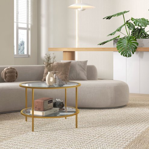 HOMCOM Round Coffee Table with Storage, 2-Tier Tempered Glass Coffee Table with Steel Frame for Living Room, Gold Tone