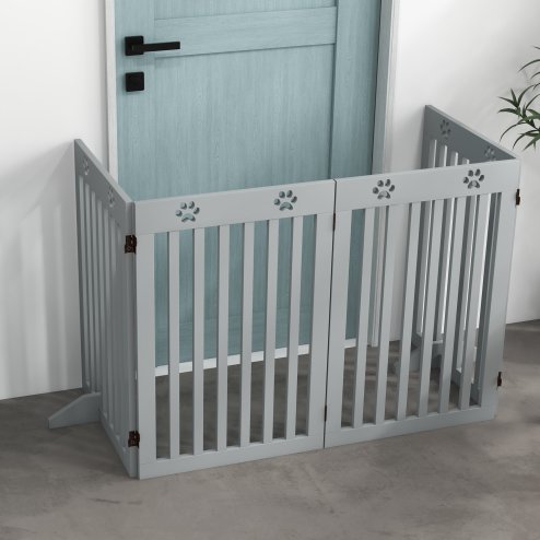 PawHut Freestanding Pet Gate 4 Panel Dog Barrier Folding Safety Fence with Support Feet up to 204cm Long 75cm Tall for Doorway Stairs, Grey