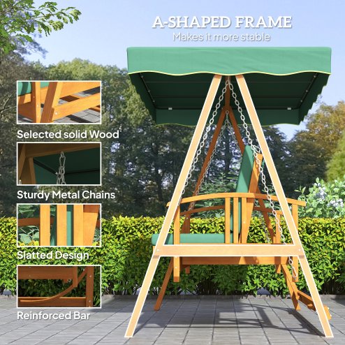 Outsunny 3 Seater 2-in-1 Wooden Garden Swing Seat Swing Chair Outdoor Convertible Hammock Bench Furniture Lounger Bed Wood, Dark Green