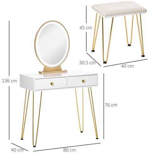 HOMCOM Dressing Table Set with LED Light, Round Mirror, Vanity Makeup Table with 2 Drawers and Cushioned Stool for Bedroom, White