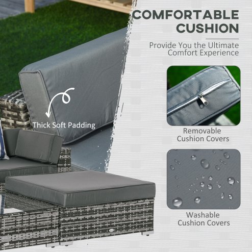 Outsunny 6 Pieces Rattan Garden Furniture Set, 5 Seater Garden Sofa Set with Thickened Cushions, Glass Top Coffee Table and Ottomans, Outdoor Sectional Conservatory Furniture with Pillows, Grey