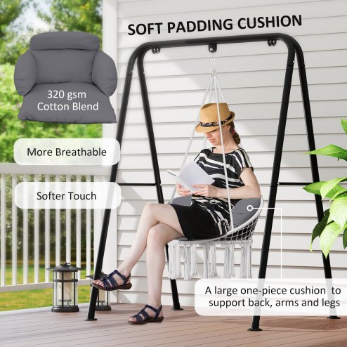 Outsunny Hanging Chair Outdoor Hammock Chair with Soft Cushion, Cotton Rope Boho Style Swing Chair, Hanging Garden Swing Seat for Indoor Outdoor, Dark Grey