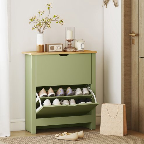 HOMCOM Narrow Shoe Cabinet, Space Saving Shoe Storage Cabinet with 2 Flip Drawers and Adjustable Shelves for 6-12 Pairs of Shoes for Hallways and Living Room, Green