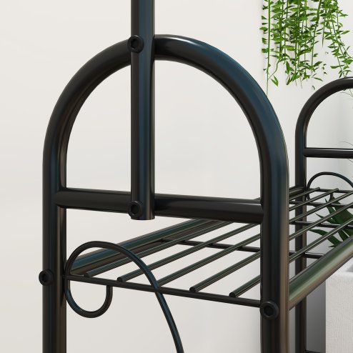Outsunny 3 Tier Plant Stand with Hanging Rod and Hooks, Metal Plant Rack Shelf, Ladder Flower Pot for Indoor Outdoor Porch Balcony Living Room Bedroom, Black