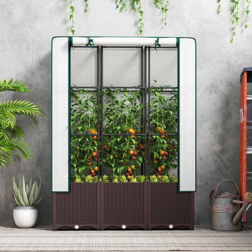 Outsunny Raised Garden Bed with Trellis, Plastic Planter Box with PE Cover, Drainage Holes, Drain Plugs and Water Reservoirs for Climbing Plants, Vegetables, Flowers, 120 x 40 x 140 cm