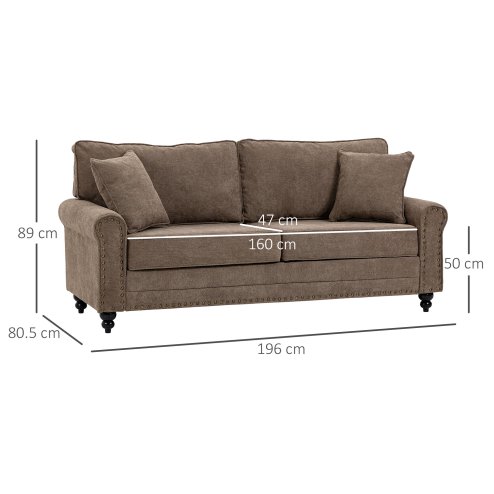 HOMCOM 3 Seater Sofa, Fabric Couch with Rubber Wood Legs, 3 Seater Settee with Extra Padded Cushions and Pillows for Living Room, 196W x 80.5D x 89H cm
