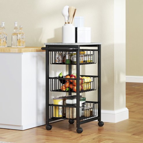 HOMCOM 3-Tier Kitchen Island on Wheels, Rolling Kitchen Storage Trolley with 3 Pull-Out Mesh Baskets, Mobile Utility Serving Cart, Light Grey