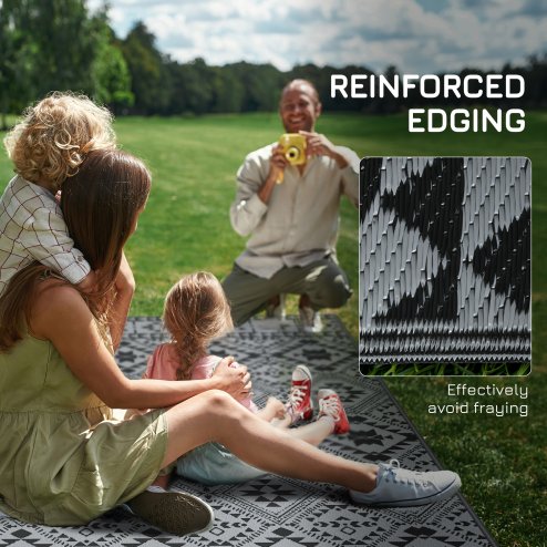 Outsunny Reversible Outdoor Rug with Carry Bag, Waterproof Plastic Straw Mat for Garden, Deck, RV, Picnic, Beach, Camping, 182 x 274cm, Black and Grey