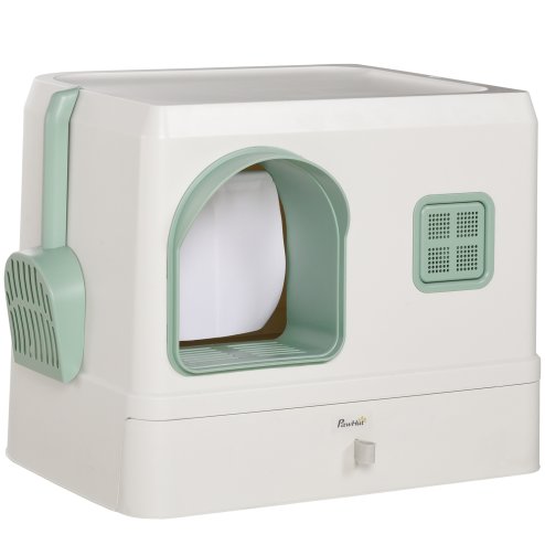 PawHut Cat Litter Box with Drawer Pan, Hooded Cat Litter Tray with Scoop, Deodorants, Front Entrance, 50 x 40 x 40cm - White