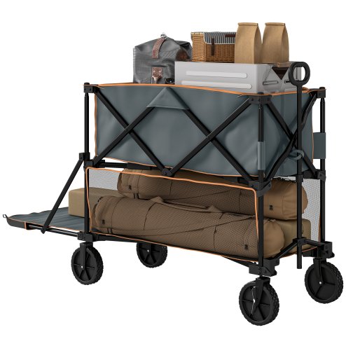 Outsunny Double Decker Folding Trolley on Wheels, 200KG & 350L Capacity Collapsible Wagon Festival Trolley Cart with 134cm Extended for Camping Sports Shopping Garden and Beach, Grey