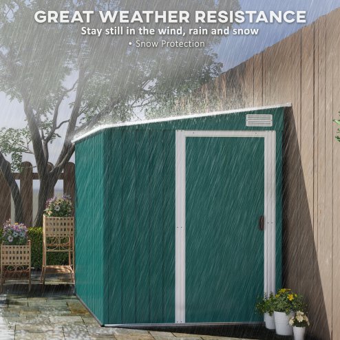 Outsunny 7 x 5ft Galvanised Metal Garden Shed with Foundation, Lean to Shed, Tool Storage House with Sliding Doors, 2 Vents, Adjustable Shelves and Hooks, Green