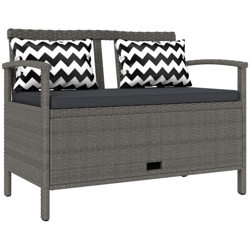Outsunny 2 Seater Garden Storage Bench with 160L Capacity, PE Rattan Garden Bench with Storage, Wicker Outdoor Bench Loveseat with Cushion, Pillows and Steel Frame for Patio, Grey