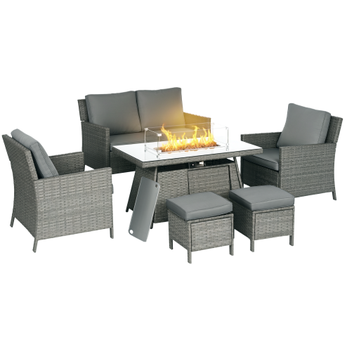 Outsunny 6 Seater Rattan Garden Furniture Set, Gas Fire Pit Table, Wicker Loveseat, 2 Armchairs and 2 Footstools, 6 Piece Patio Rattan furniture Sofa Sets with Cushions for Conservatory, Grey