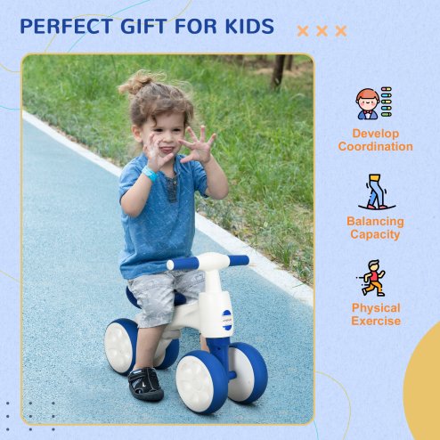 AIYAPLAY Baby Balance Bike, Lightweight First Training Bike, with Anti-Slip Handlebars, Four Wheels, No Pedals, for Ages 18-36 Months - Blue