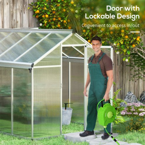 Outsunny 6 x 10ft Polycarbonate Greenhouse with Rain Gutters, Large Walk-In Green House with Door and Window, Garden Plants Grow House with Aluminium Frame and Foundation