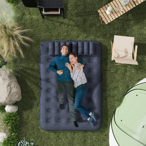 Outsunny Double Air Bed with 2 Pillows, Hand Pump, Inflatable Mattress with Flocked Surface for Guest, Camping, Travel, 191 x 137 x 22cm