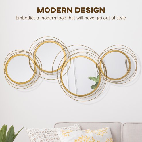 HOMCOM Metal Wall Art 107cm Modern Decorative Mirror Decor Hanging Home Wall Sculptures for Living Room Bedroom Dining Room, Gold
