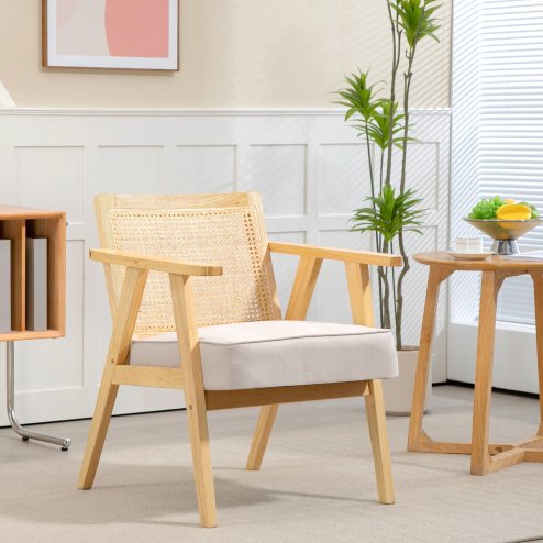 HOMCOM Armchair, Fabric Accent Chair with Rattan Back, Rubber Wood Frame and Padded Seat Cushion for Living Room, Bedroom, Home Office, Cream White Finish