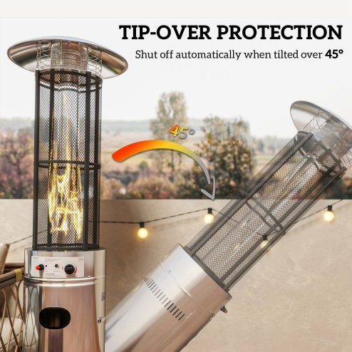 Outsunny 11 KW Freestanding Gas Patio Heater, Adjustable Outdoor Garden Propane Heater with Tip-Over Switch, Wheels, Pulse Ignition, Tank Room with Openable Door, Silver Tone