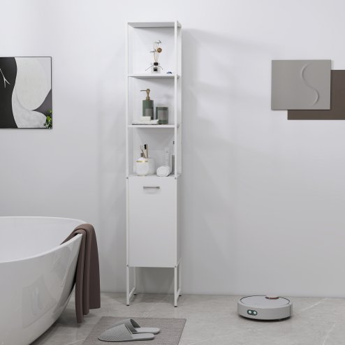 HOMCOM Tall Bathroom Cabinet, Slim Bathroom Storage Cabinet with 3 Open Shelves and Adjustable Shelf, Freestanding Storage Cupboard, 33 x 33 x 185 cm