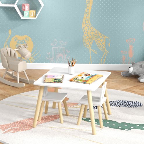 AIYAPLAY 3 Pieces Toddler Table and Chair Set, Kids Desk and 2 Chairs Set with Cute Bunny Ear Backrest, Wooden Legs, for Nursery, Playroom, Classroom - White