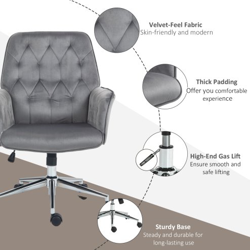 Vinsetto Office Desk Chair, Velvet-Feel Fabric Vanity Chair with Height Adjustable, Armrest, Swivel Chair for Home, Dark Grey