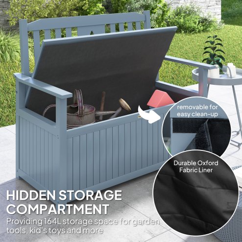Outsunny 2 Seater Garden Storage Bench, 164L Outdoor Storage Box with Backrest Flower Pattern, Wooden Garden Bench with Armrests, 125 x 68.5 x 97cm, Grey