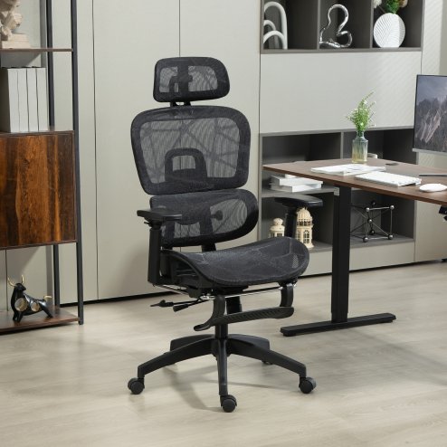 HOMCOM Ergonomic Office Chair, Mesh High Back Computer Desk Chair with 3 Level Adjustable Back, Adjustable Lumbar Support, Swivel Recliner with 3D Armrest, Headrest, Footrest, Black