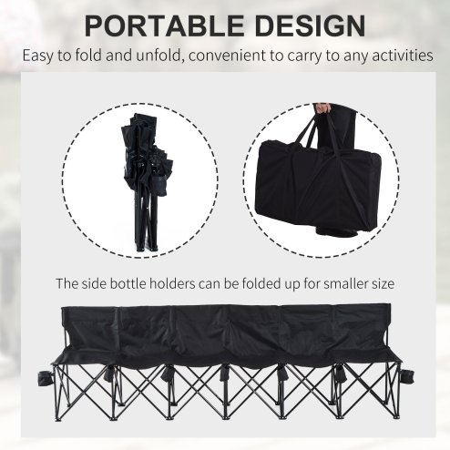 Outsunny 6 Seater Folding Bench, Outdoor Camping Chair Portable Sports Spectator Chair with Metal Frame, Cup Holder & Carry Bag, Black