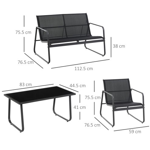 Outsunny 4 Piece Garden Furniture Set Outdoor Patio Sofa Set with Double Chair, Single Chairs and Glass Top Table for Terrace and Balcony