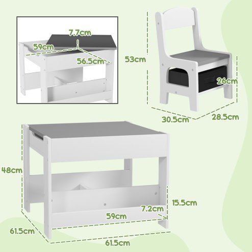 HOMCOM 3 Piece Kids Table and Chair Set, 3 in 1 Design Kids Desk and Chair Set with Blackboard, Storage, Bookshelves, for Nursery, Playroom, Classroom - Grey