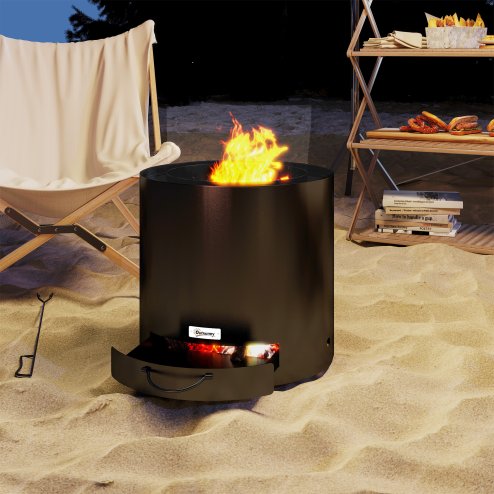 Outsunny Outdoor Round Fire Pit with Ash Tray, Wood Burning Firepit with Fire Poker for Patio Bonfire BBQ Camping, Black