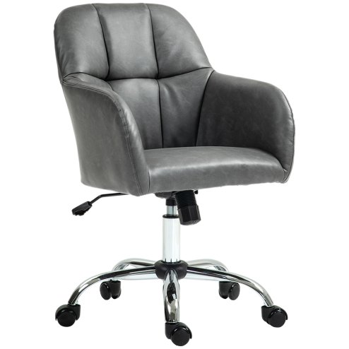 HOMCOM Computer Desk Chair, PU Leather Swivel Office Chair, Makeup Vanity Chair with Height Adjustable, Wheels, for Home Study Bedroom, Grey
