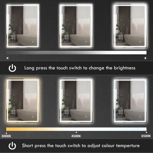 HOMCOM Bathroom Mirror with LED Lights, Illuminated Makeup Mirror with 3 Colours, Defogging Film and Memory Function, Hardwired, Horizontal or Vertical, 90 x 70cm