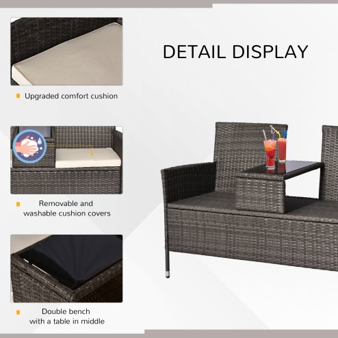 Outsunny 2 Seater Rattan Campanion Chair Wicker Loveseat Outdoor Patio Armchair with Drink Table Garden Furniture - Grey