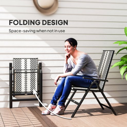 Outsunny Rattan Folding Chair Outdoor, 5-Position Adjustable Wicker Garden Dining Chair with High Backrest, Wide Armrest, for Patio, Terrace, Balcony, Black