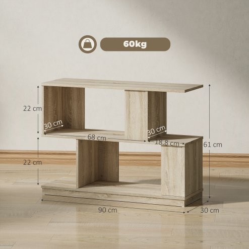 HOMCOM S-Shaped Side Table, 3-Tier Narrow End Table with Storage Shelves, Modern Nightstand for Living Room, Bedroom, 90W x 30D x 61H cm, Natural Wood Finish